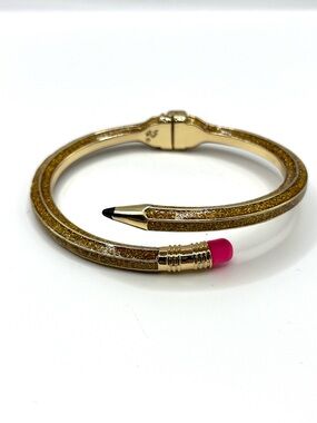 Betsey Johnson Gold Glitter Pencil Hinged Cuff Bracelet with Pink Eraser Tip